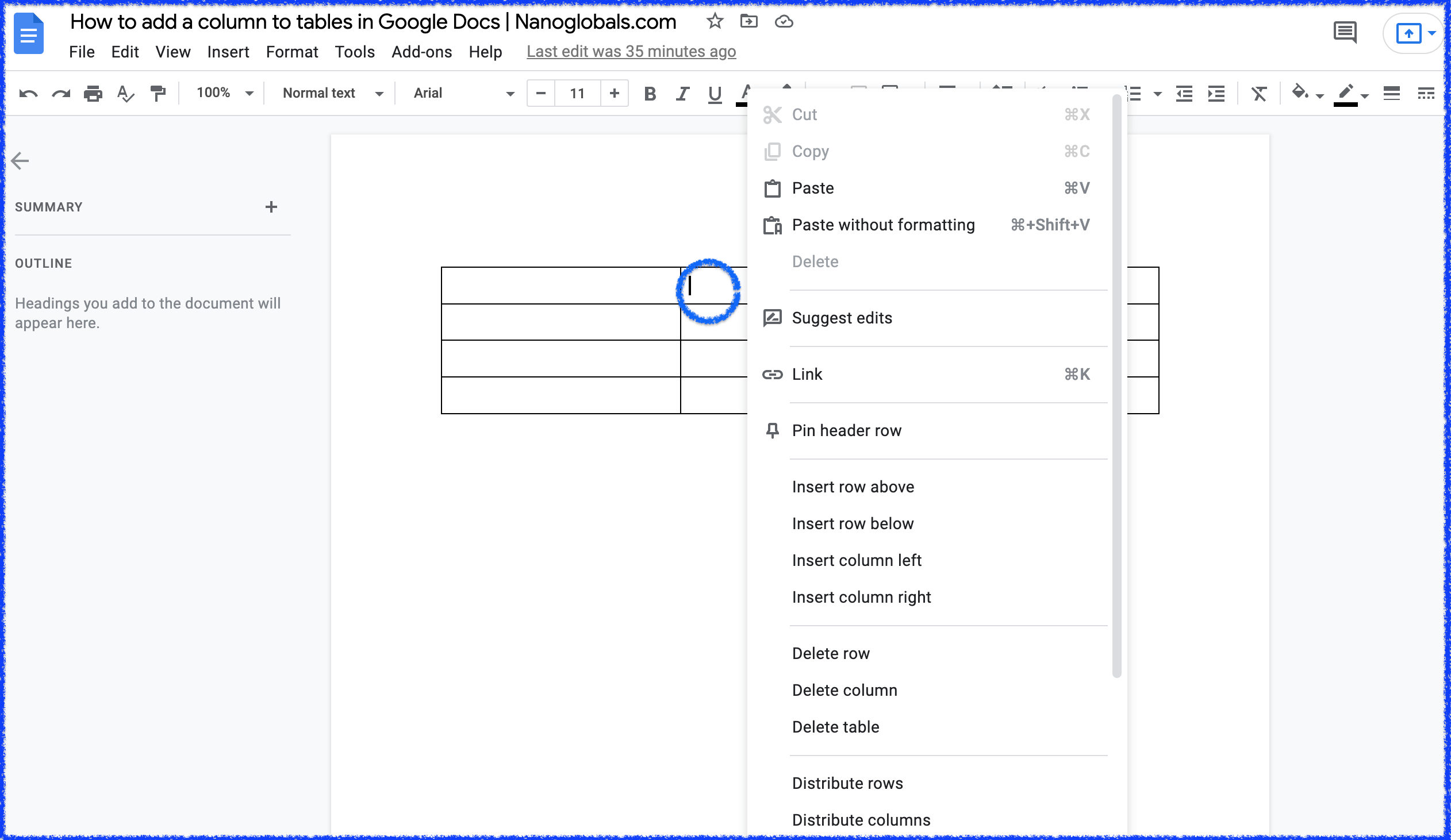 Screenshot showing where to click for edit menu in table. 