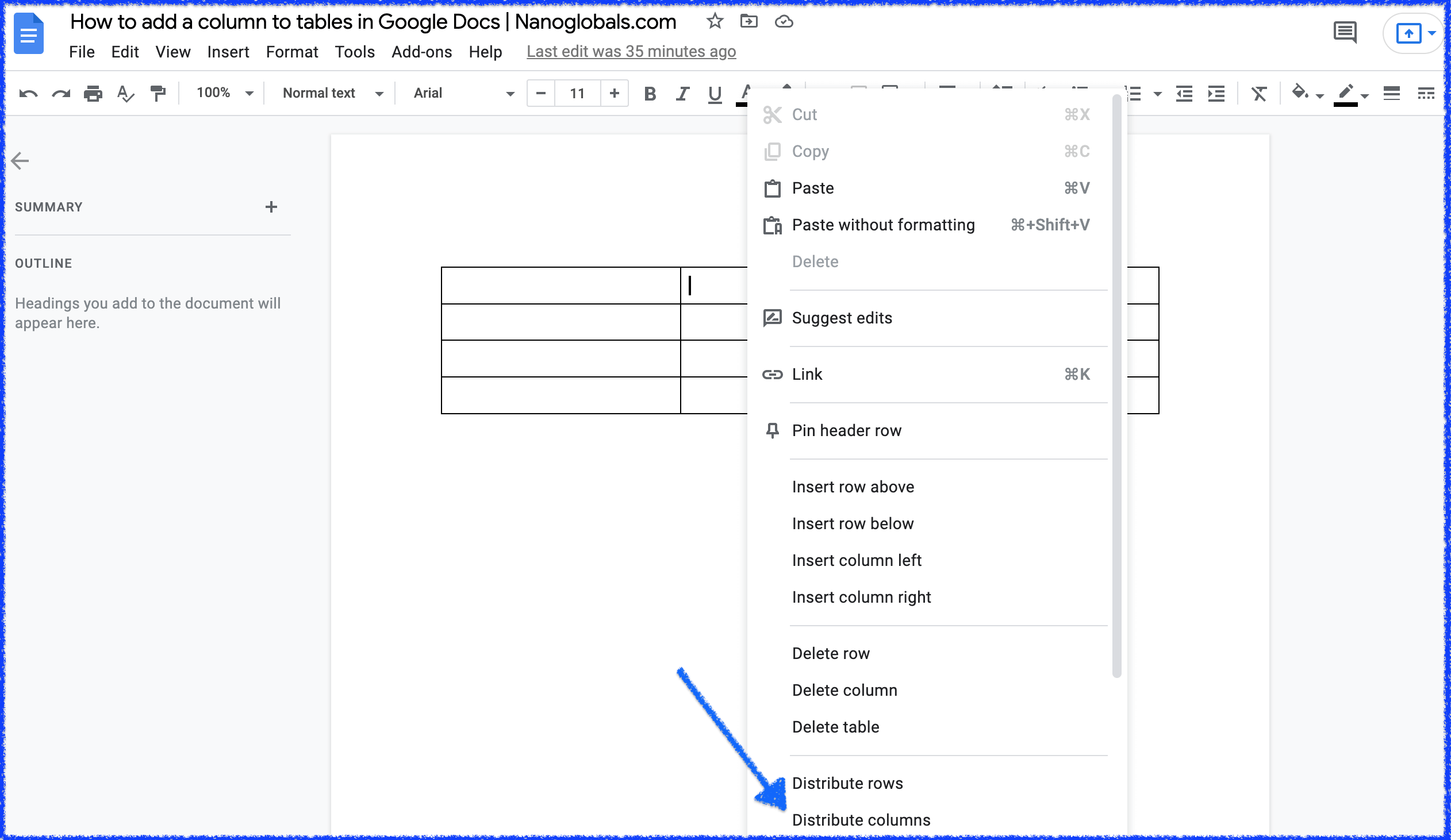 Screenshot showing where to find the distribute rows option. 