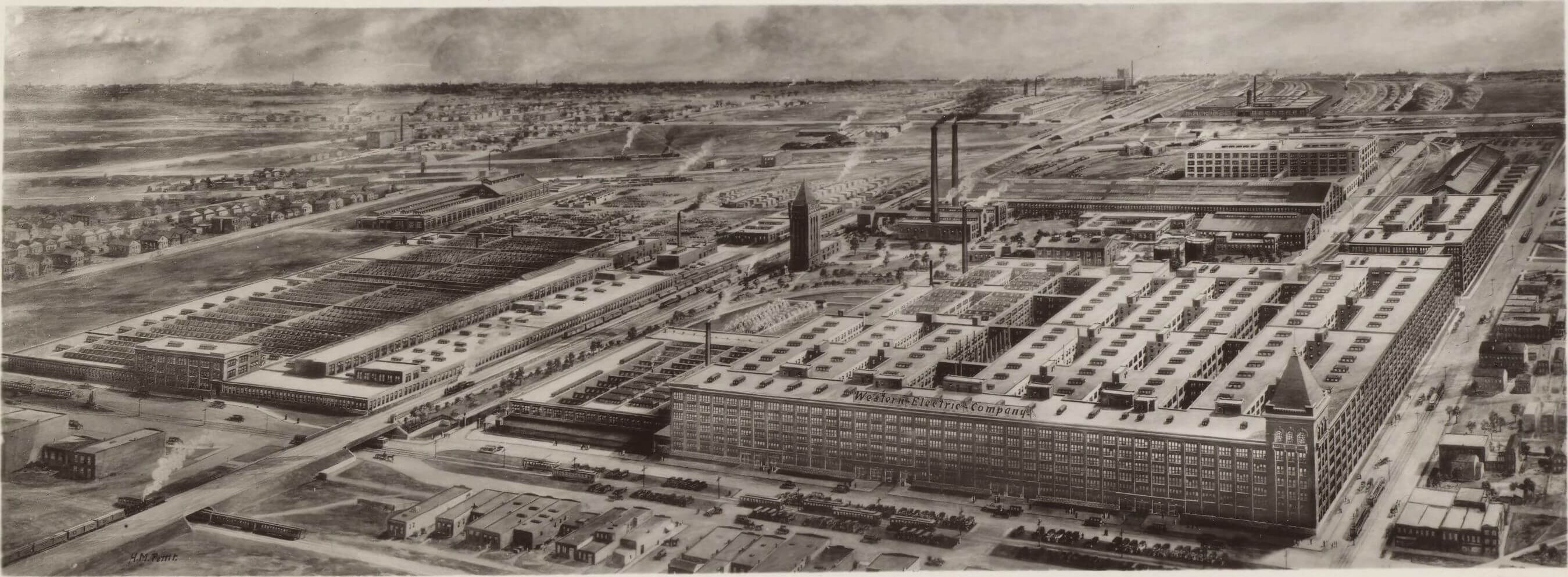 Arial view of Hathorne Plant in the 1920s, illustration.