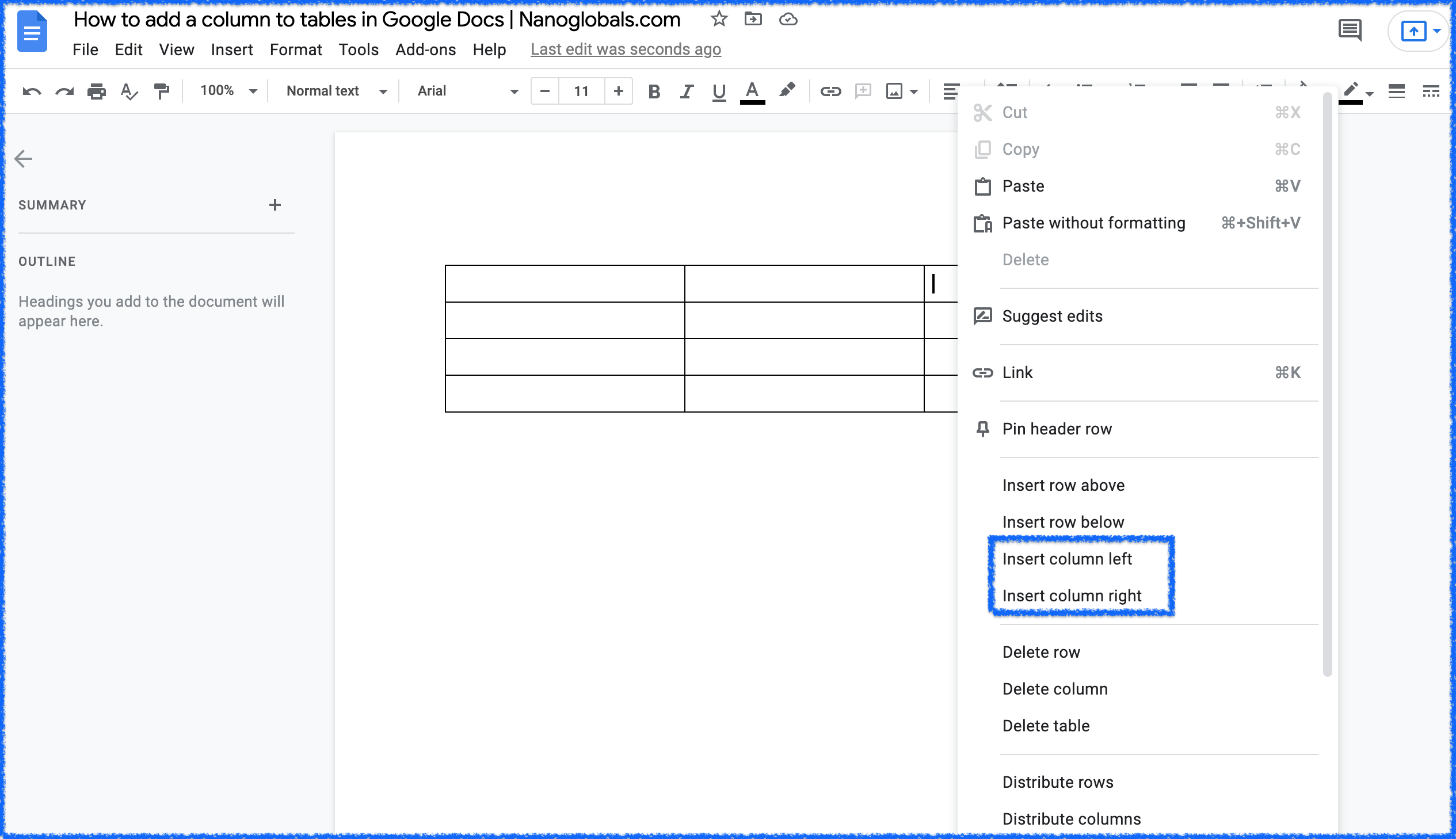 Screenshot showing how to access edit menu for tables in Google Docs. 