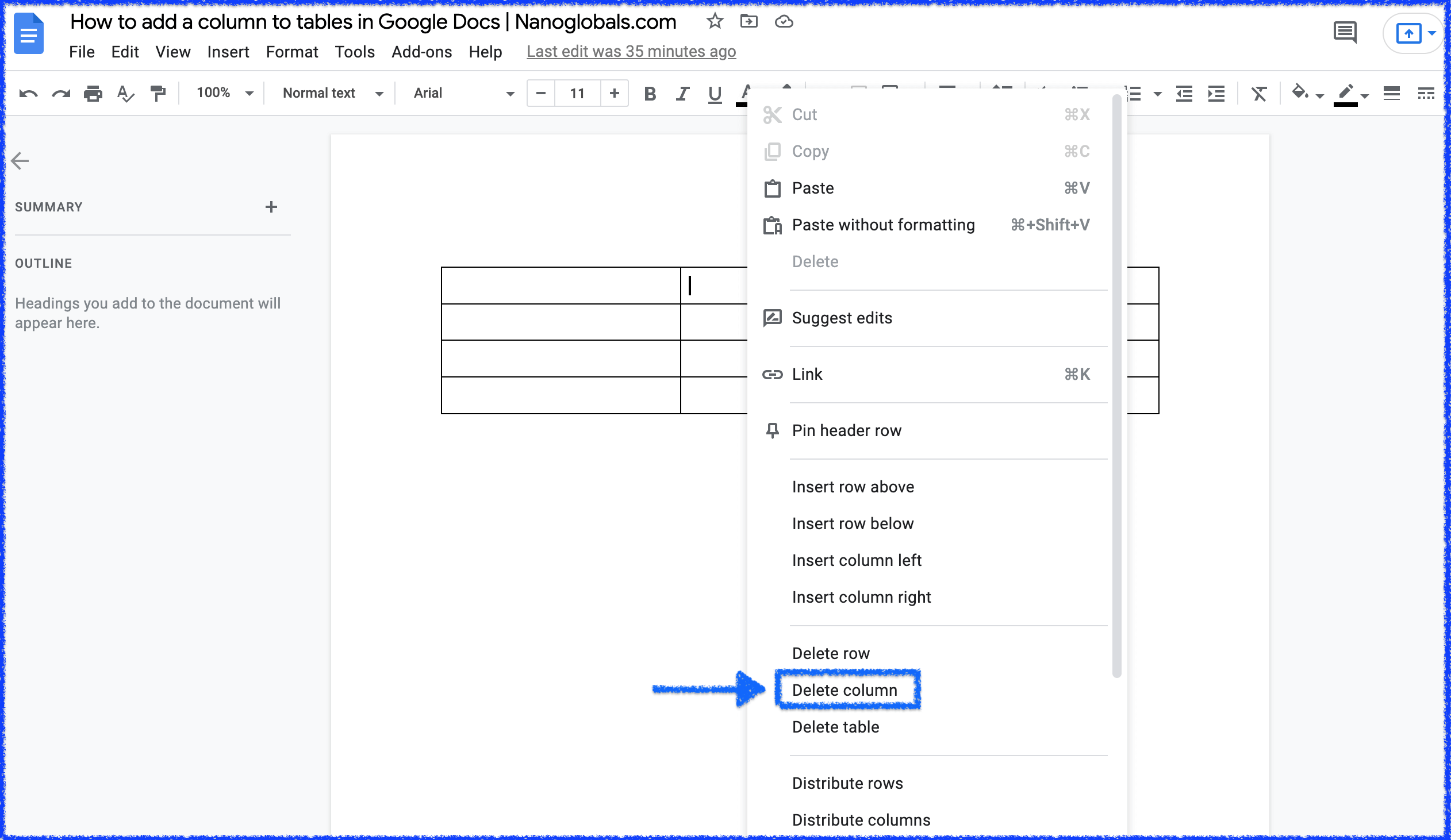 Screenshot showing where to find deletion options for columns in Google Docs. 