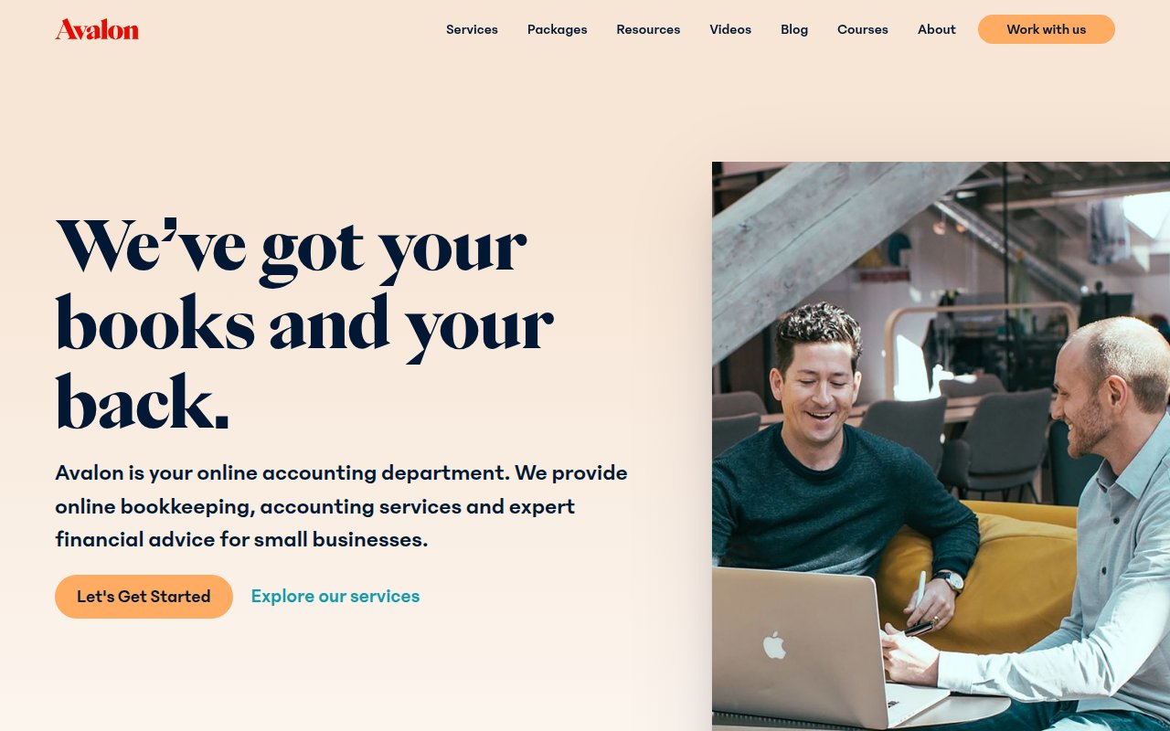 Avalon Accounting homepage with warm peach design, candid team photography, and 'Let's Get Started' call to action