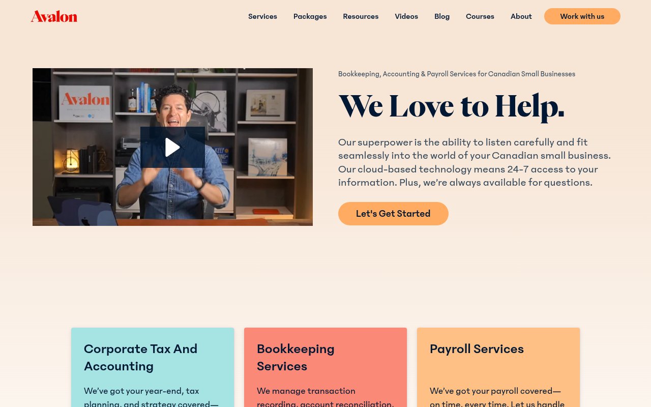 Avalon Accounting services page with tiered packages, pricing, and clear scope descriptions