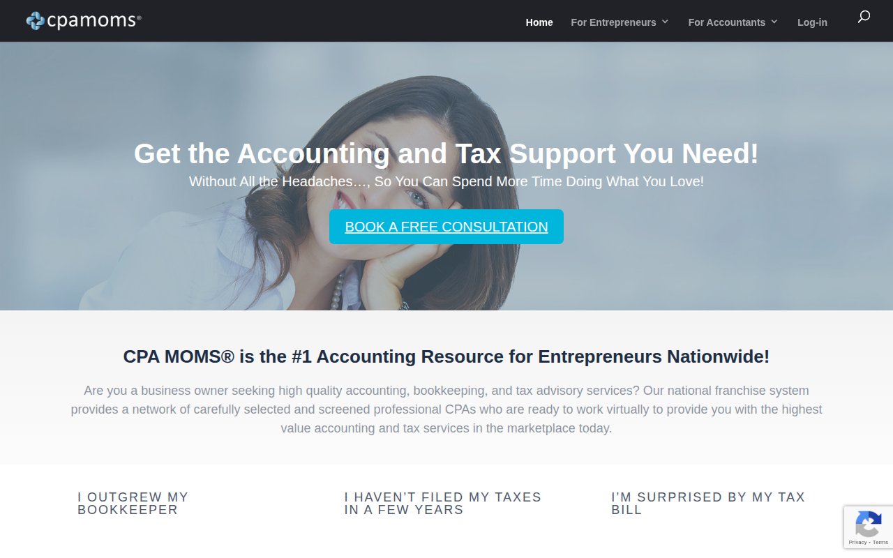 CPA MOMS homepage with pain-point-driven navigation, founder intro video, and 'Book a Free Consultation' CTA