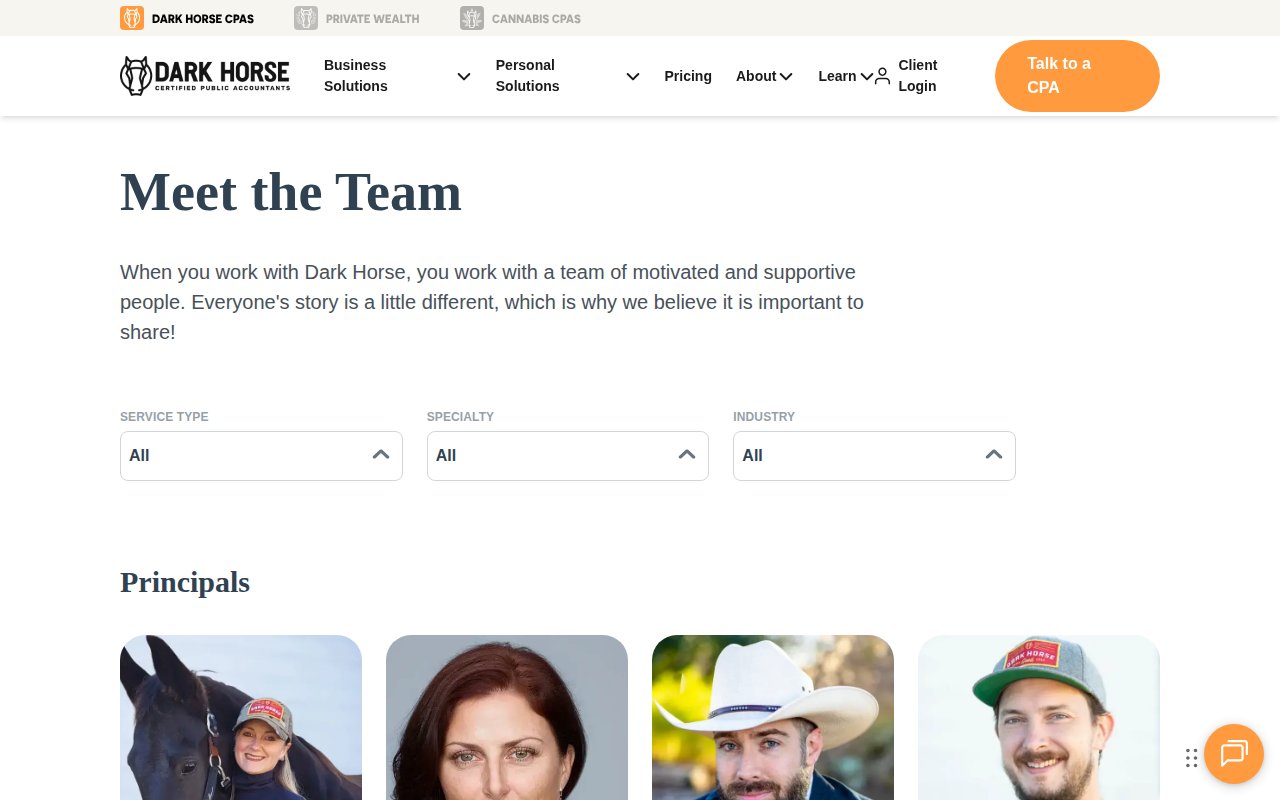 Dark Horse CPAs team page with filterable CPA directory showing real photos and specialty filters