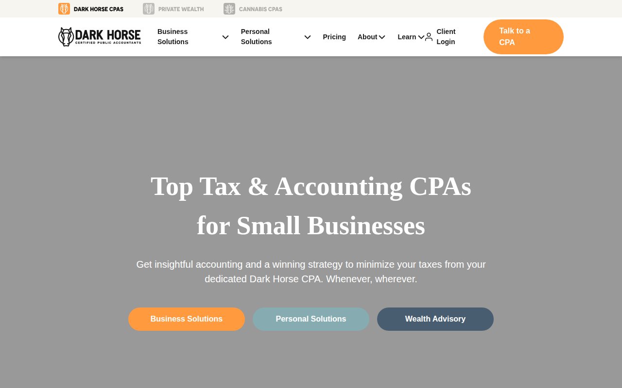 Dark Horse CPAs homepage with orange branding, quantified social proof metrics (80% NPS, 550+ reviews), and 'Talk to a CPA' button