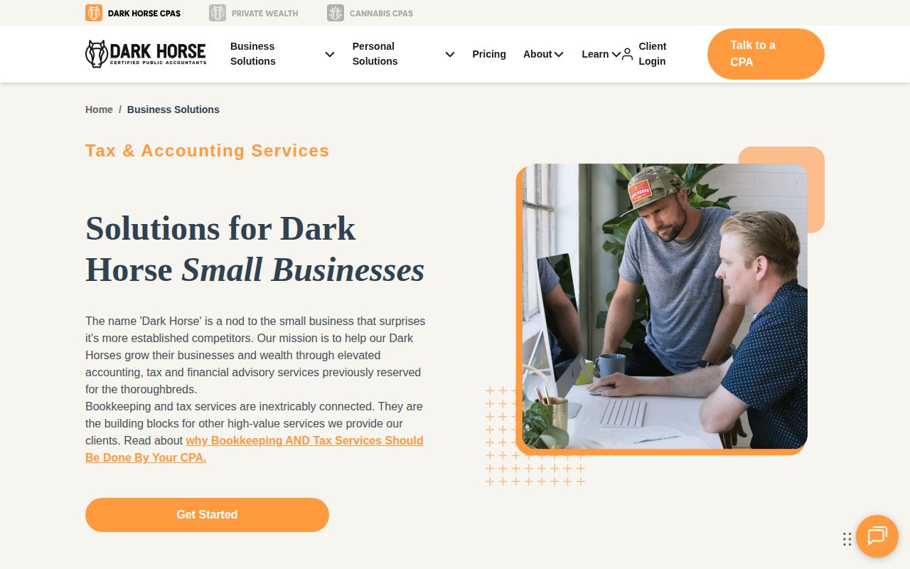 Dark Horse CPAs services page with business solutions, personal solutions, and wealth advisory categories