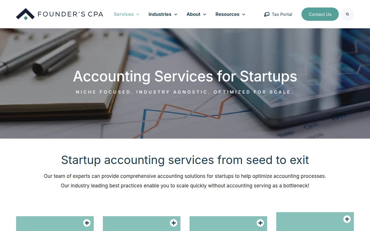 Founder's CPA services page showing accounting, tax, and CFO advisory offerings for startups