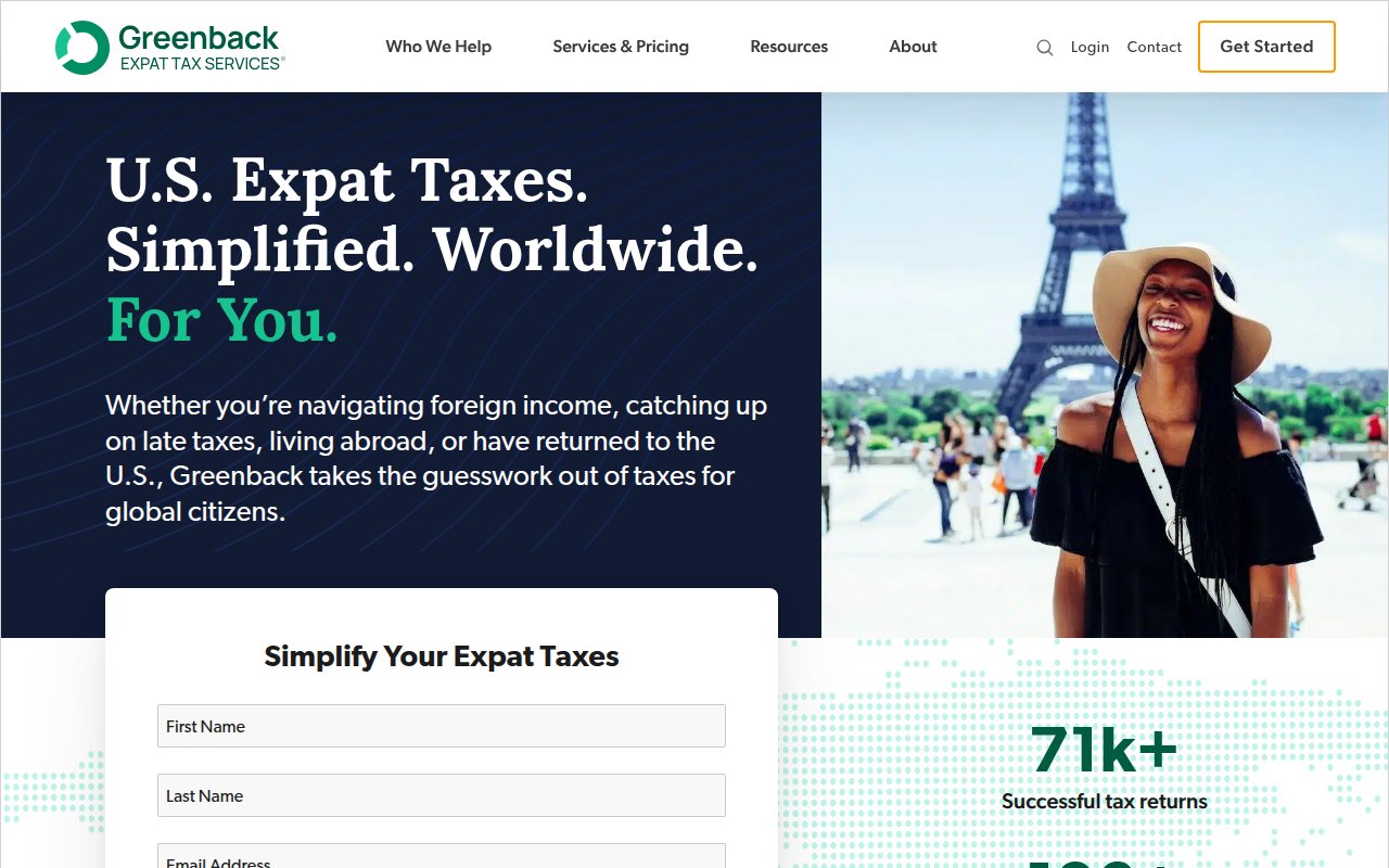 Greenback Expat Tax Services homepage with Trustpilot badge, lead capture form, and expat-focused messaging