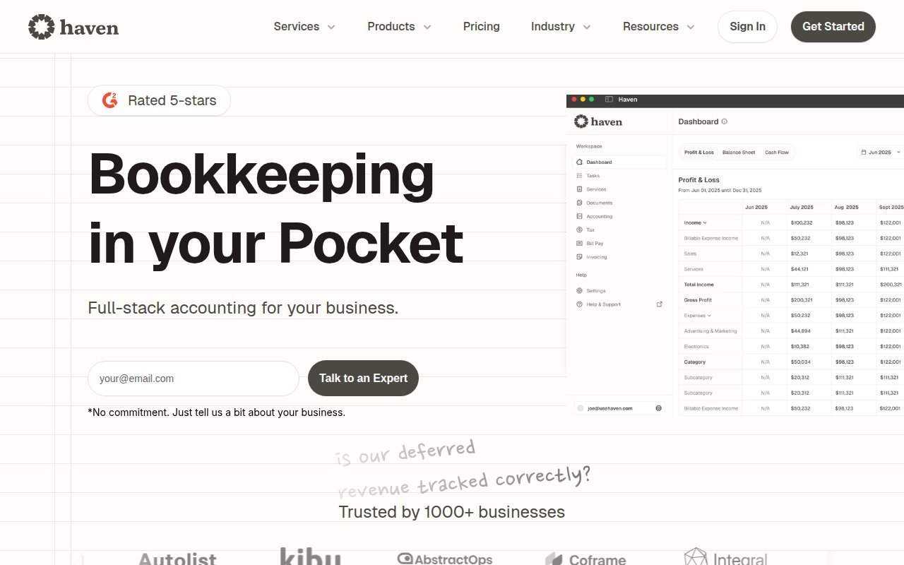 Haven homepage with SaaS-style product dashboard mockup, G2 badge, and client logos including Autolist and Coframe