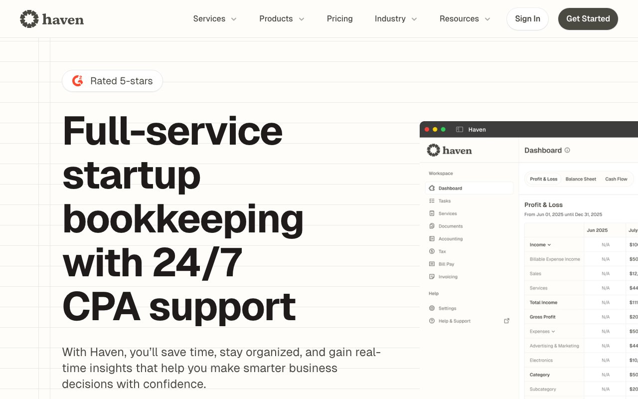 Haven bookkeeping services page with G2 five-star badge, dashboard screenshot showing Profit and Loss view, and 24/7 CPA support messaging