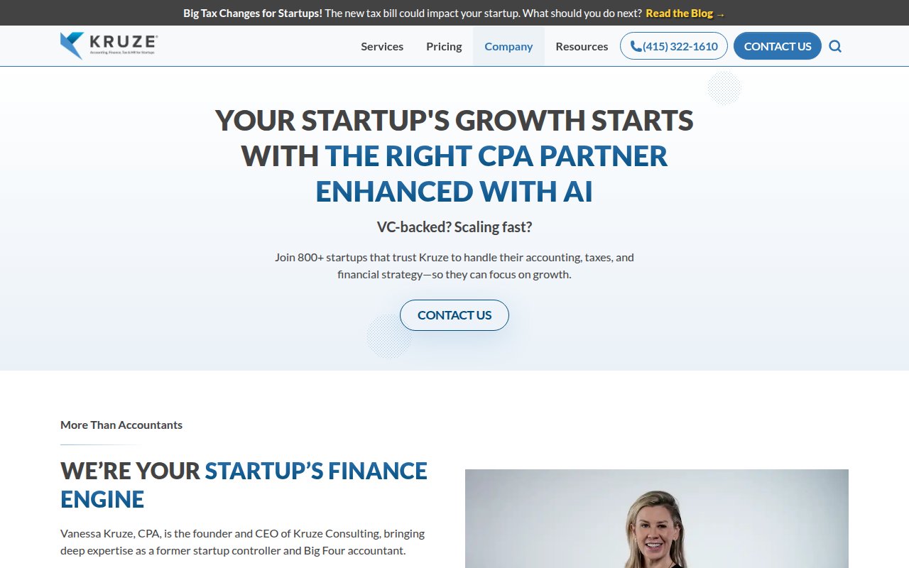 Kruze Consulting about page featuring founder Vanessa Kruze CPA with Big Four background and leadership team