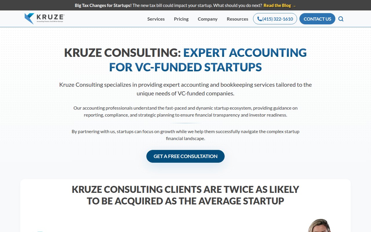 Kruze Consulting homepage with startup-focused messaging, '800+ startups' stat, and free consultation CTA