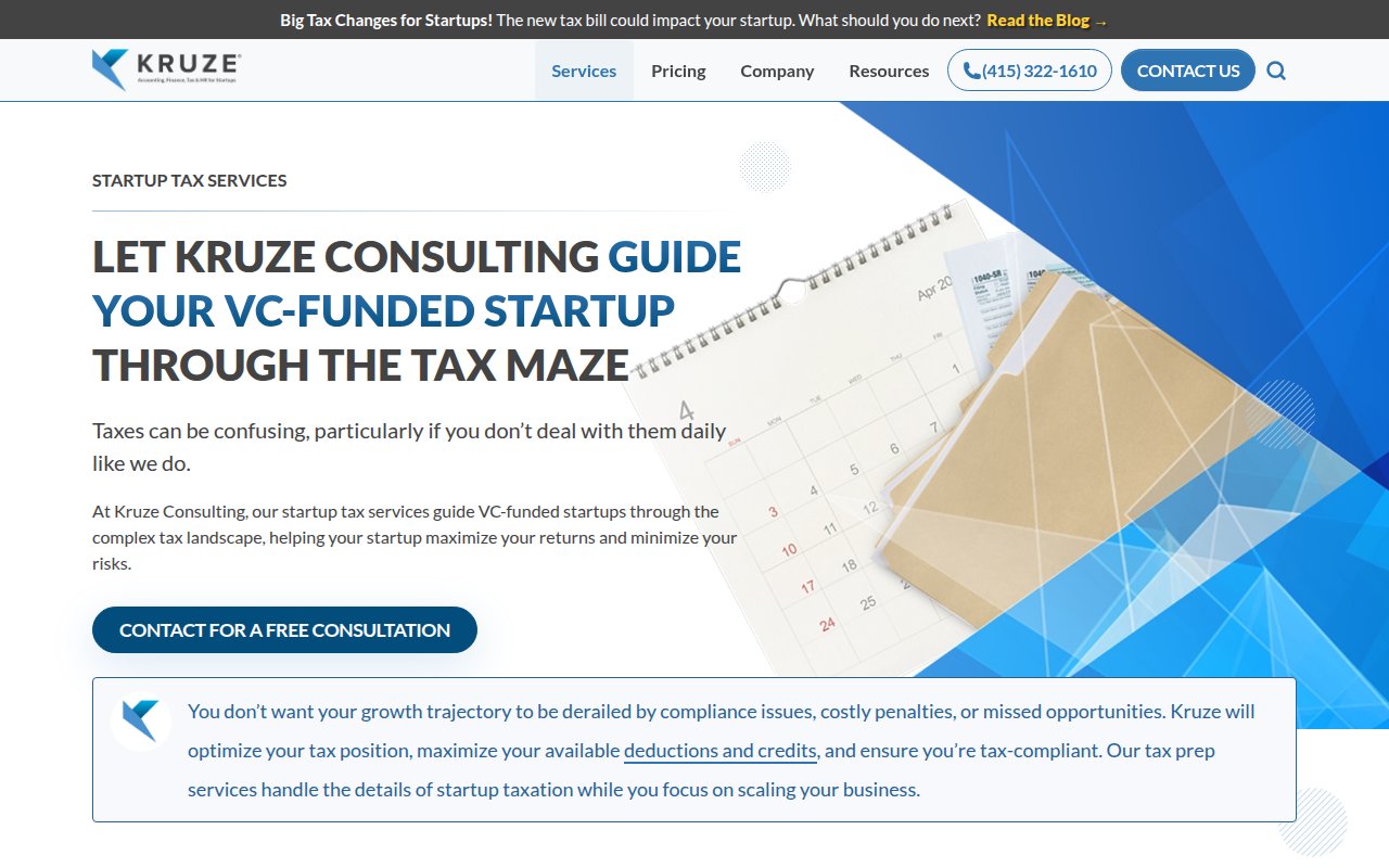 Kruze Consulting services page with transparent three-tier pricing for startup accounting