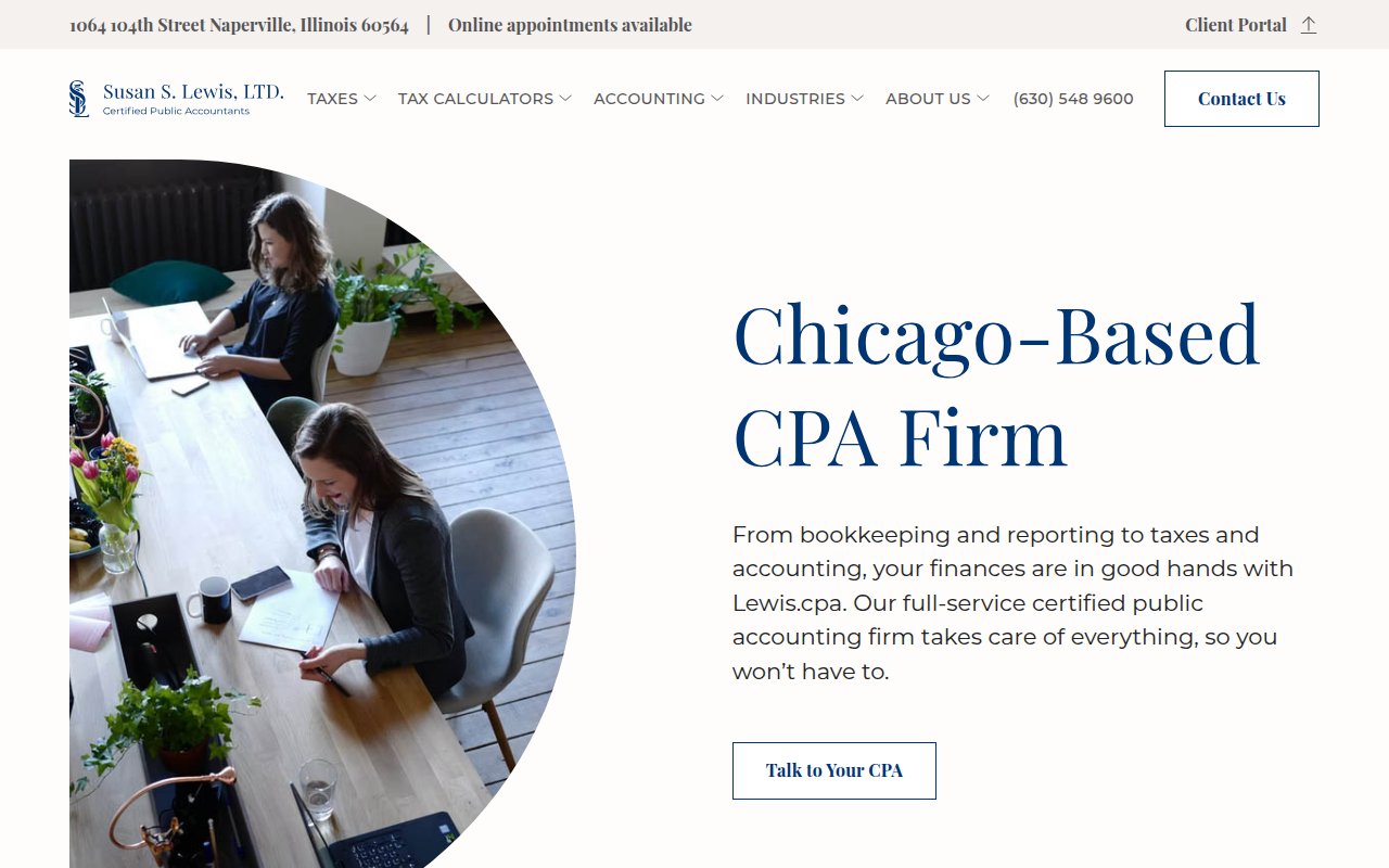 Lewis CPA homepage with navy blue design, circular team photography, and 'Talk to Your CPA' call to action