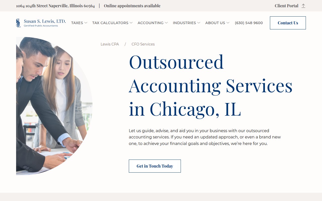 Lewis CPA services page with extensive tax and accounting service listings and breadcrumb navigation