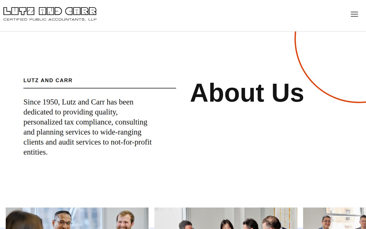 Lutz and Carr about page with firm history timeline from 1950s to 2020s and real team photos