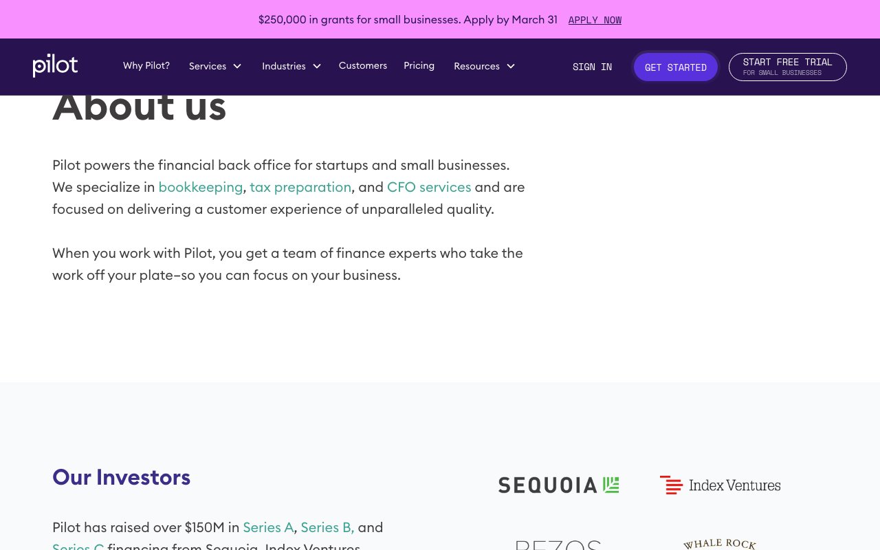 Pilot about page with company mission, Sequoia and Index Ventures investor logos, and $150M+ raised
