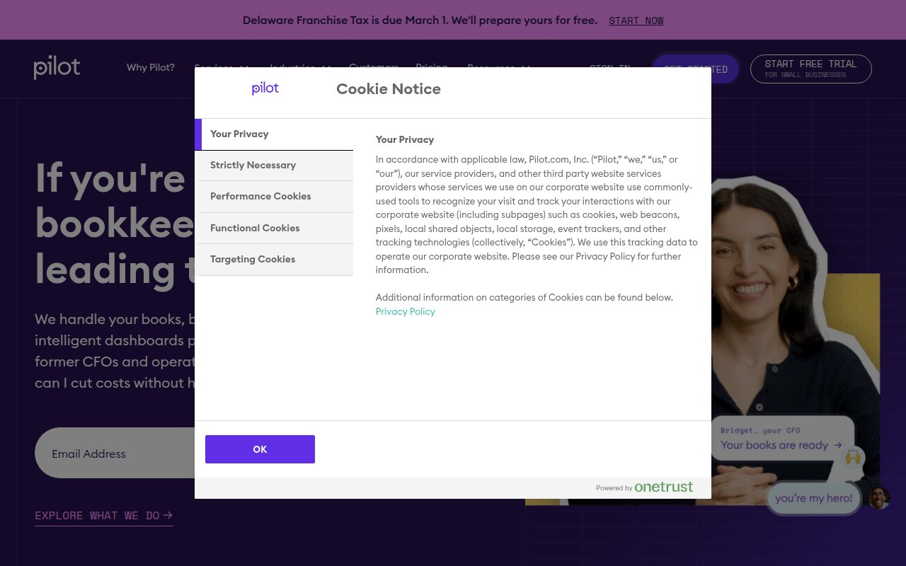 Pilot homepage with dark purple design, real team photography, and triple CTA buttons for free trial, getting started, and talking to team