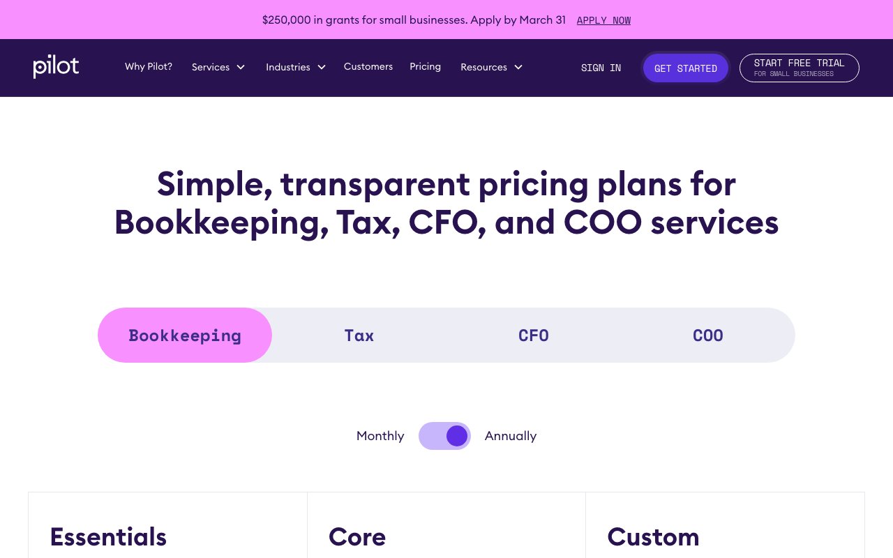 Pilot pricing page with Bookkeeping, Tax, CFO, and COO tabs, monthly/annual toggle, and Essentials, Core, and Custom tiers