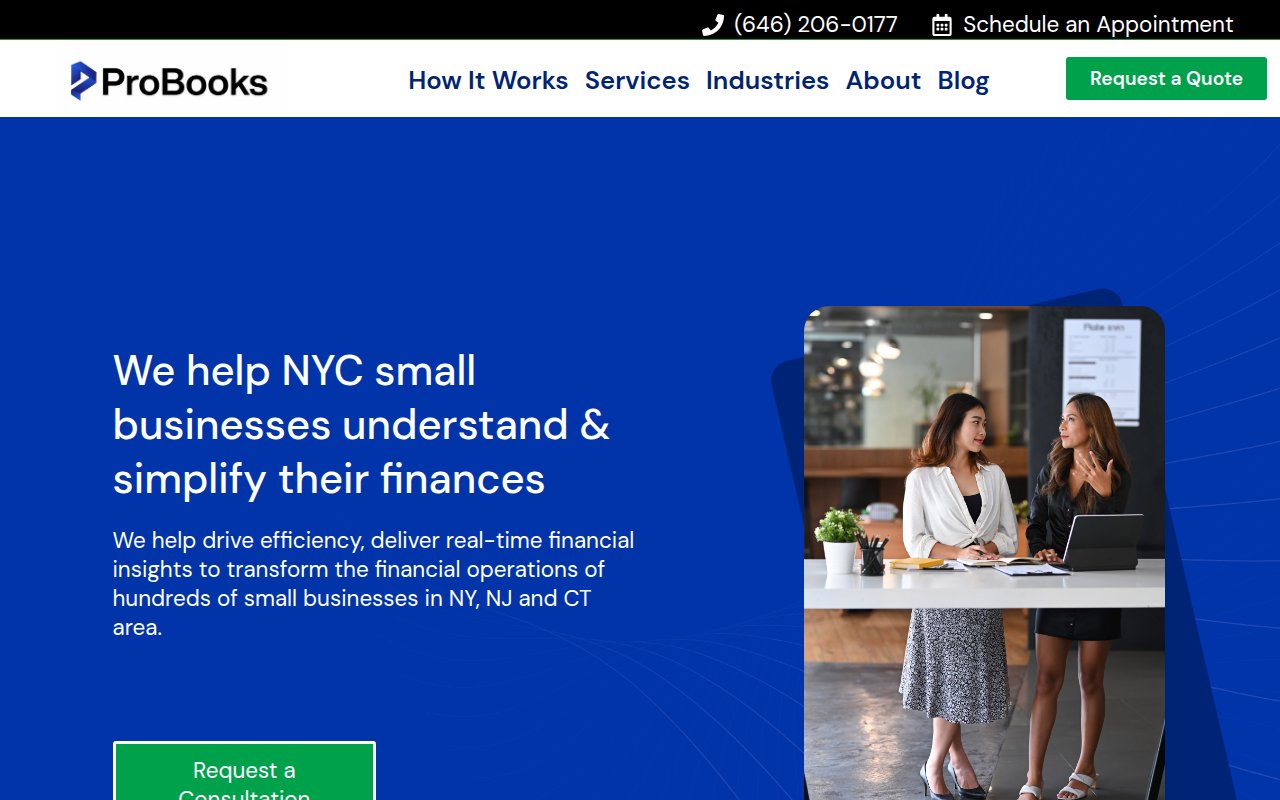 Probooks NY about page featuring founder William Lee with 28-year origin story and named team members