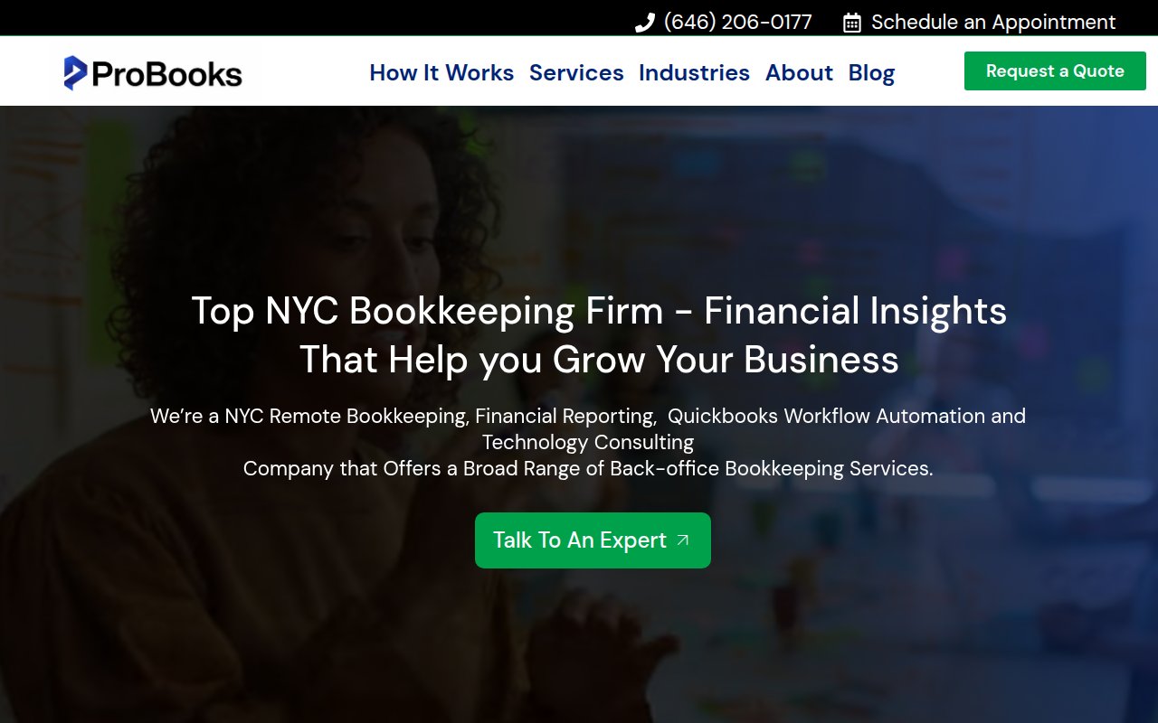 Probooks NY homepage with bold blue design, real photography, and 'Talk to an Expert' hero CTA