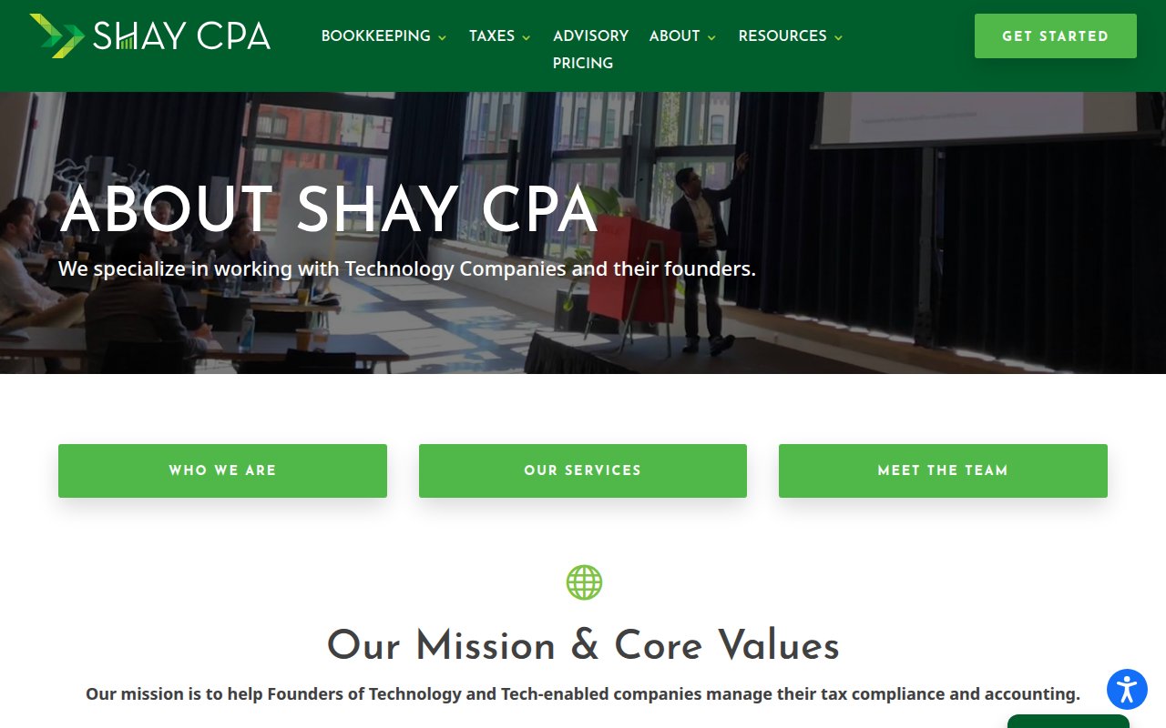 Shay CPA about page with mission statement, accelerator client mentions, and company values