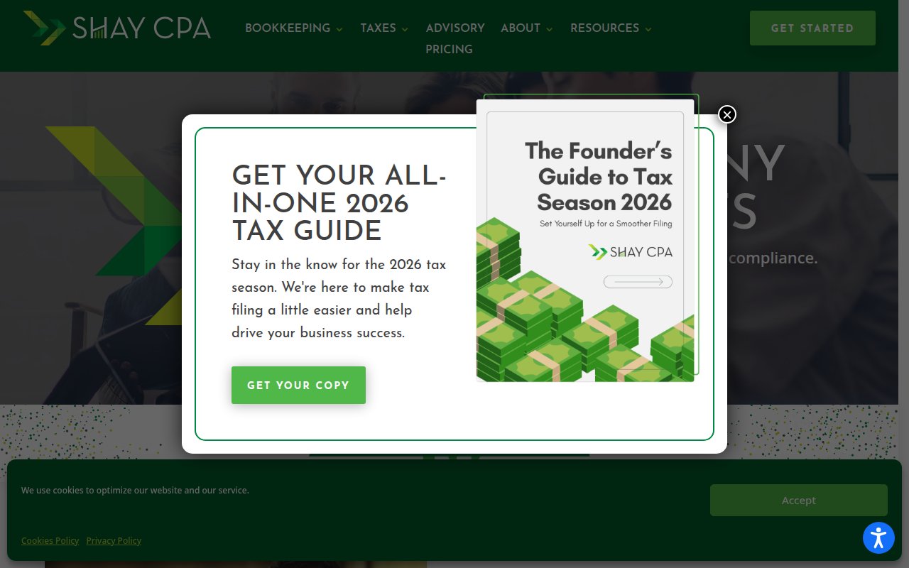 Shay CPA homepage with bold green branding, startup-focused messaging, and 2026 Tax Guide popup lead magnet
