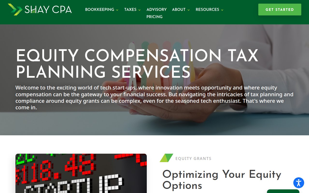 Shay CPA services page with tiered subscription pricing: Starter $600/mo, Seed $1,500/mo, and custom Series A