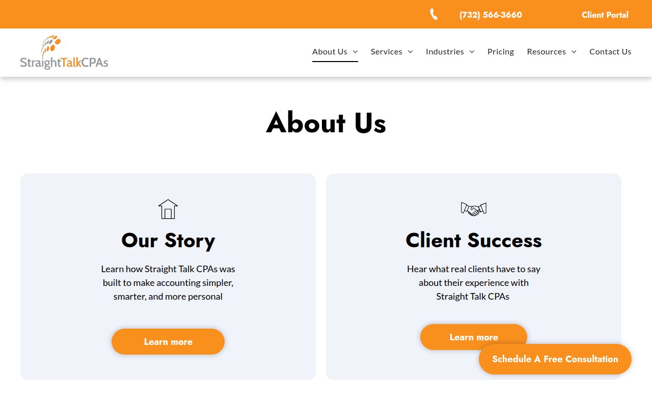 Straight Talk CPAs about page with company story, mission statement, and links to team and client success pages