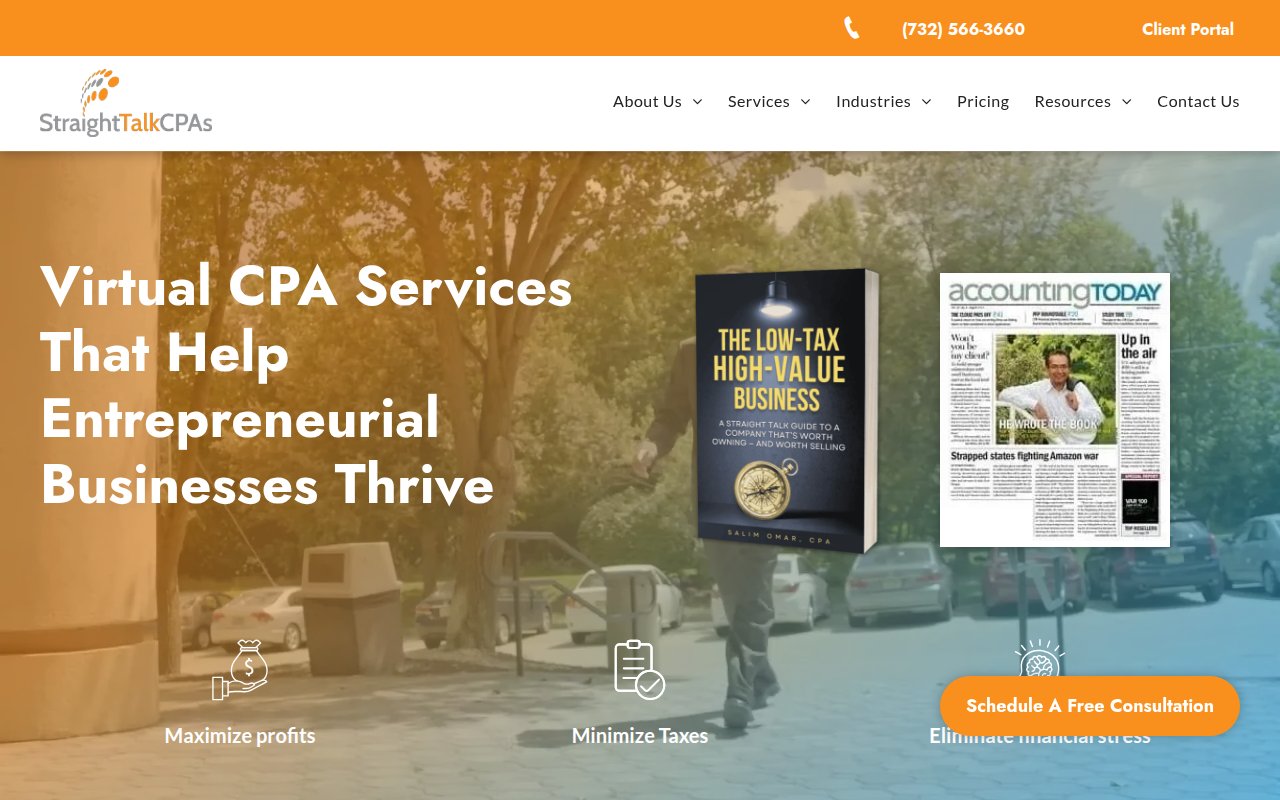 Straight Talk CPAs homepage with orange branding, founder book cover, 'As Seen On' media badges, and free consultation CTA