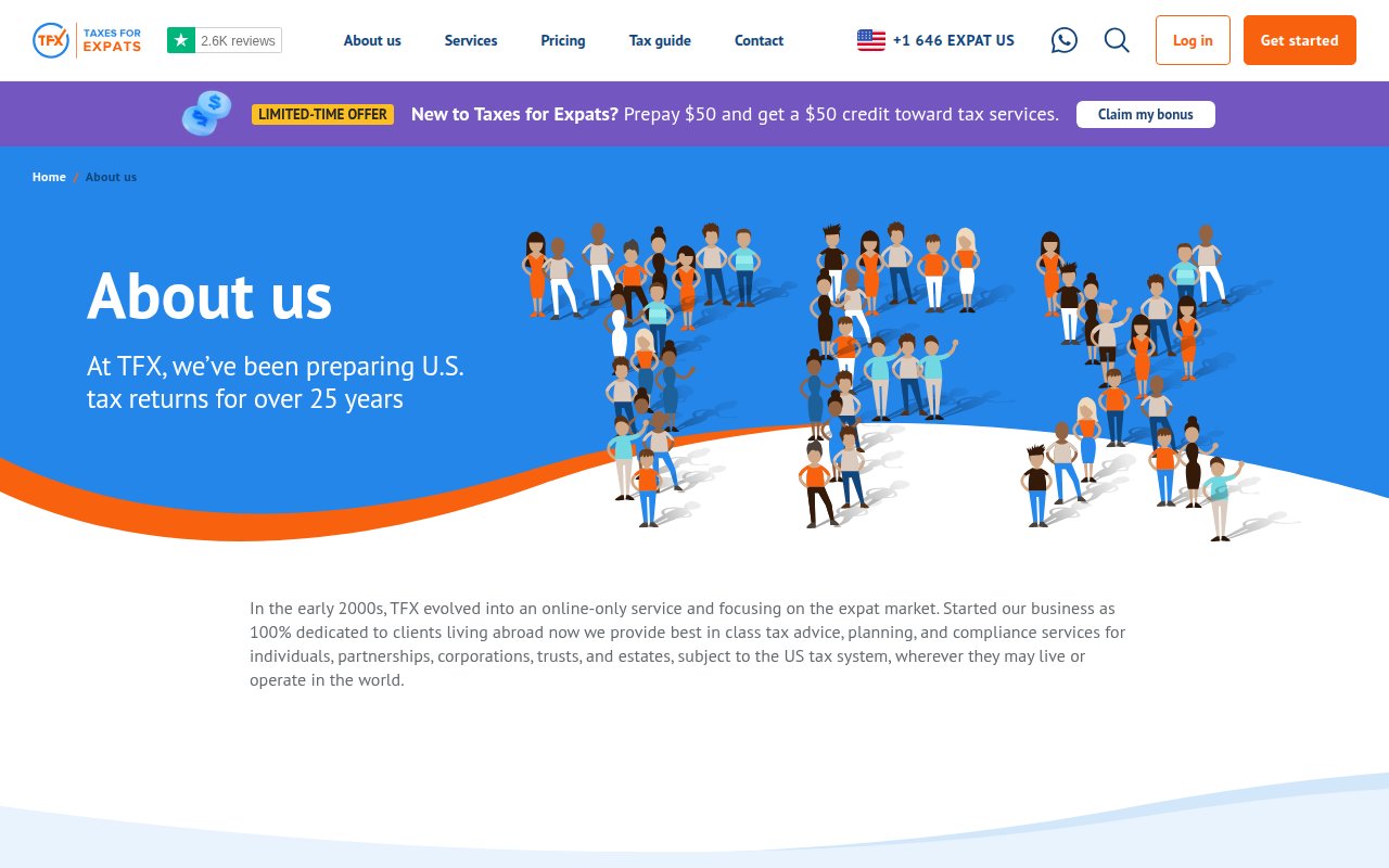 Taxes for Expats about page with company history, illustrated team graphics, and client testimonials