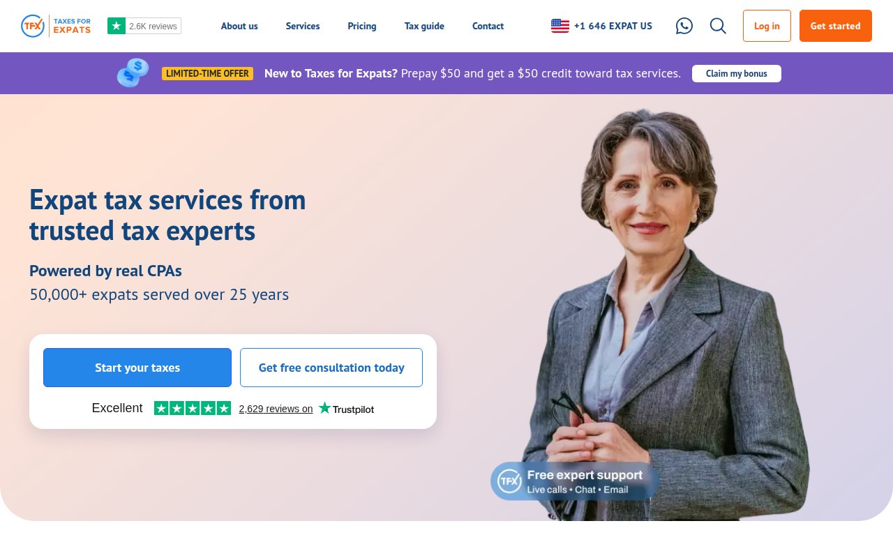 Taxes for Expats homepage with Trustpilot widget showing 2,629 reviews, dual CTAs, and limited-time prepay offer in sticky banner