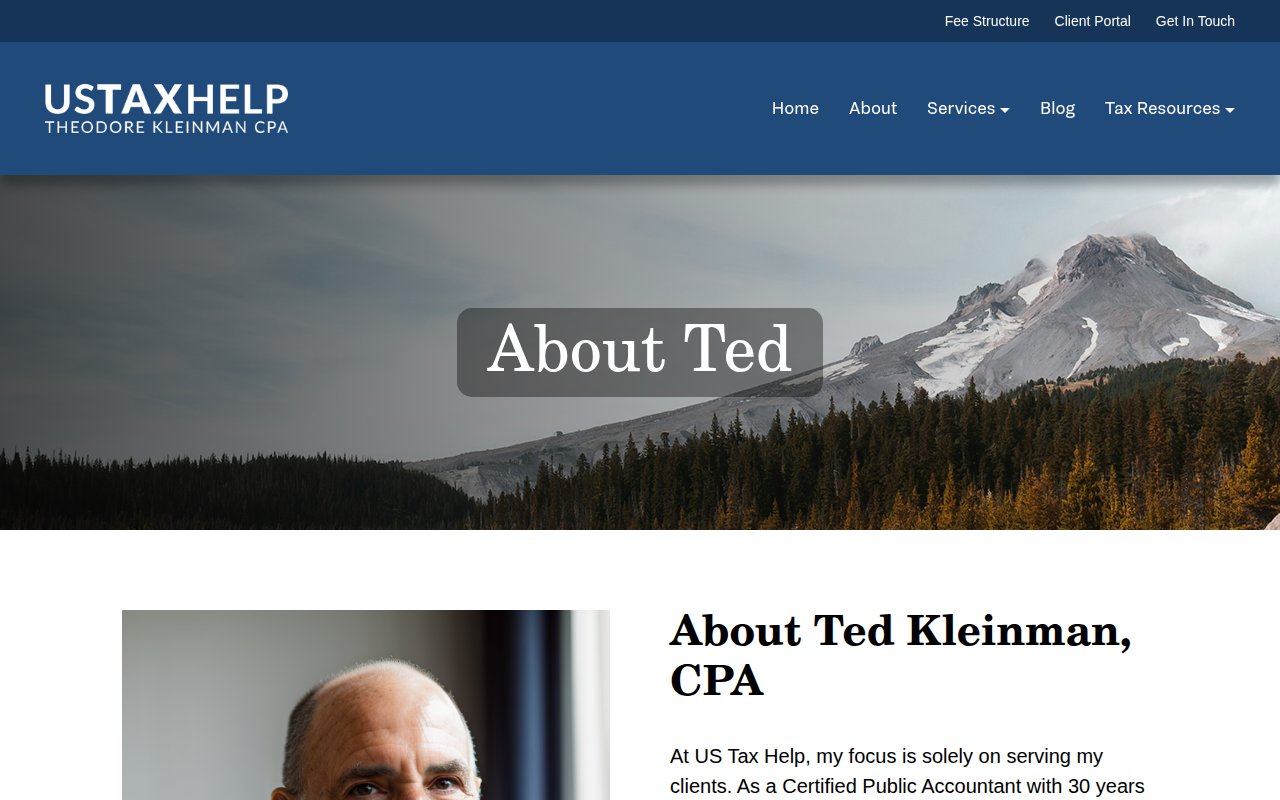 US Tax Help about page with Ted Kleinman's detailed personal and professional biography