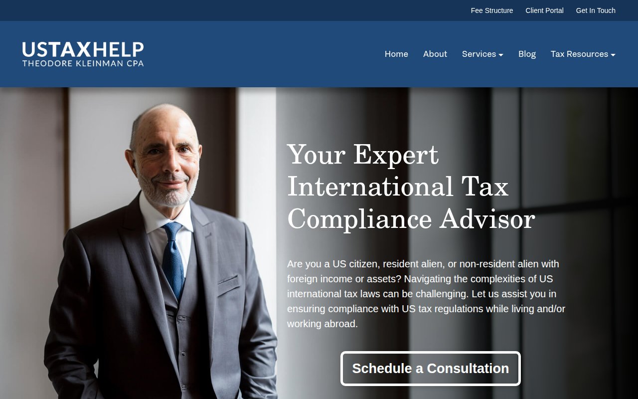 US Tax Help homepage with Ted Kleinman's professional photo as hero, first-person copy, and consultation CTA