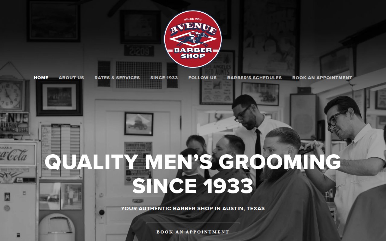Avenue Barbershop homepage with 'Quality Men's Grooming Since 1933' hero