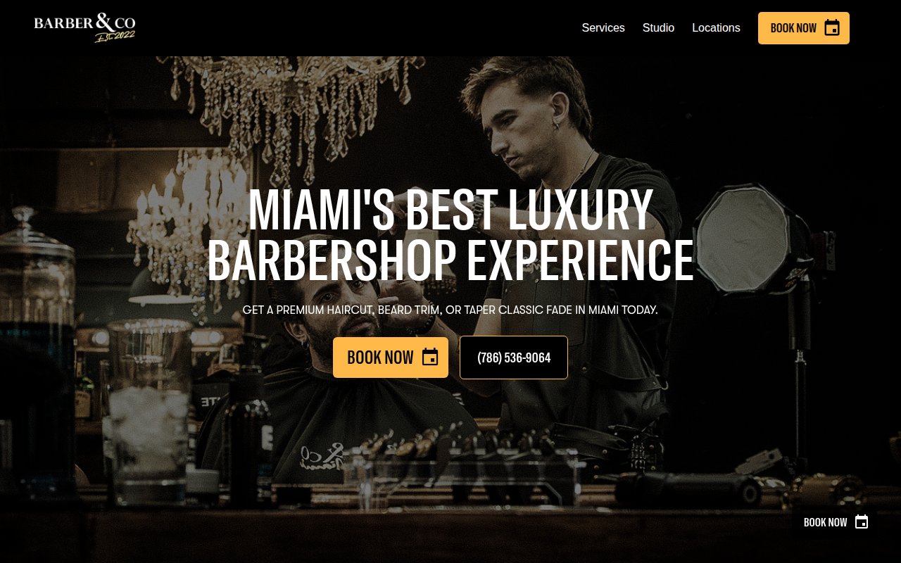 Barber & Co Miami homepage with luxury branding and multiple Book Now CTAs