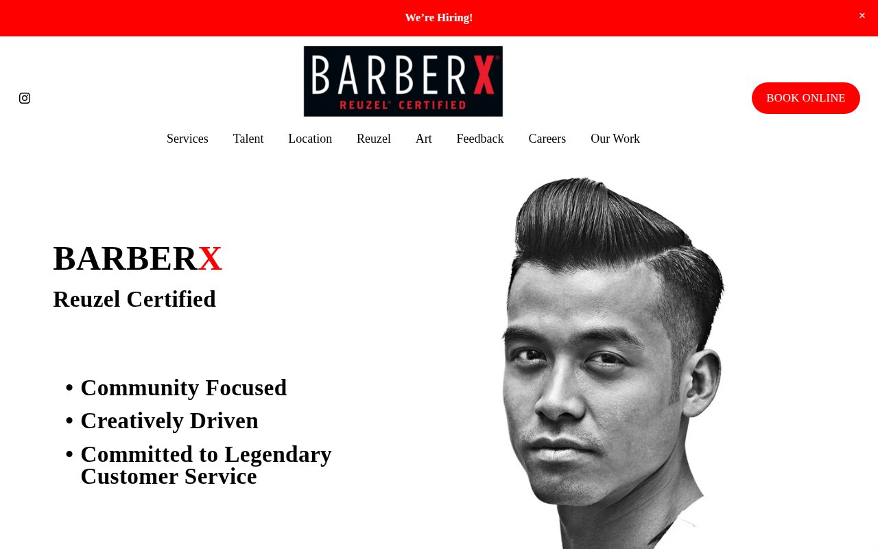 BarberX homepage with Reuzel Certified branding and embedded Google reviews