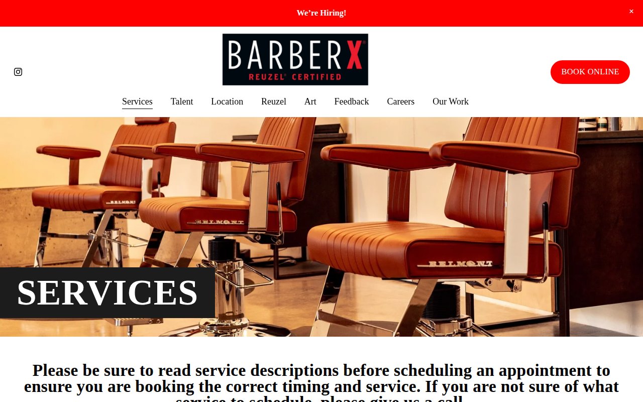 BarberX services page with grooming options and pricing tiers