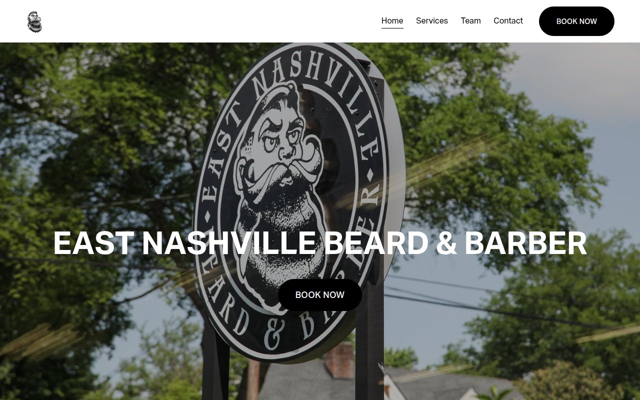East Nashville Beard & Barber homepage with Book Now and detailed testimonial