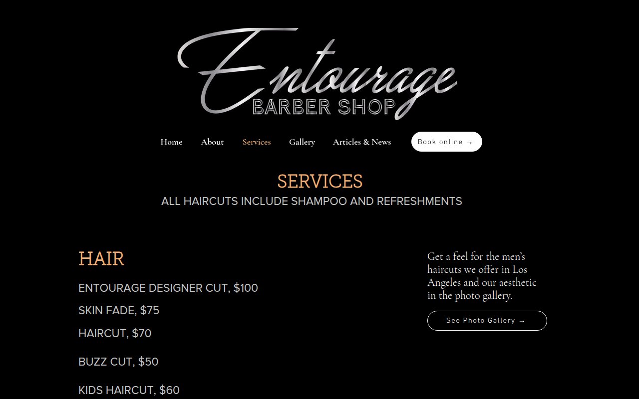 Entourage Barbershop services page with grooming menu