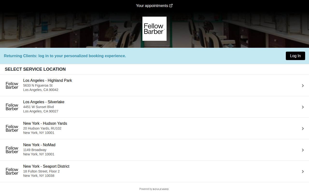 Fellow Barber Boulevard booking with multi-location selection