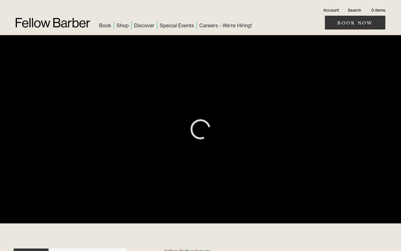 Fellow Barber homepage with product showcase and Book Now CTA