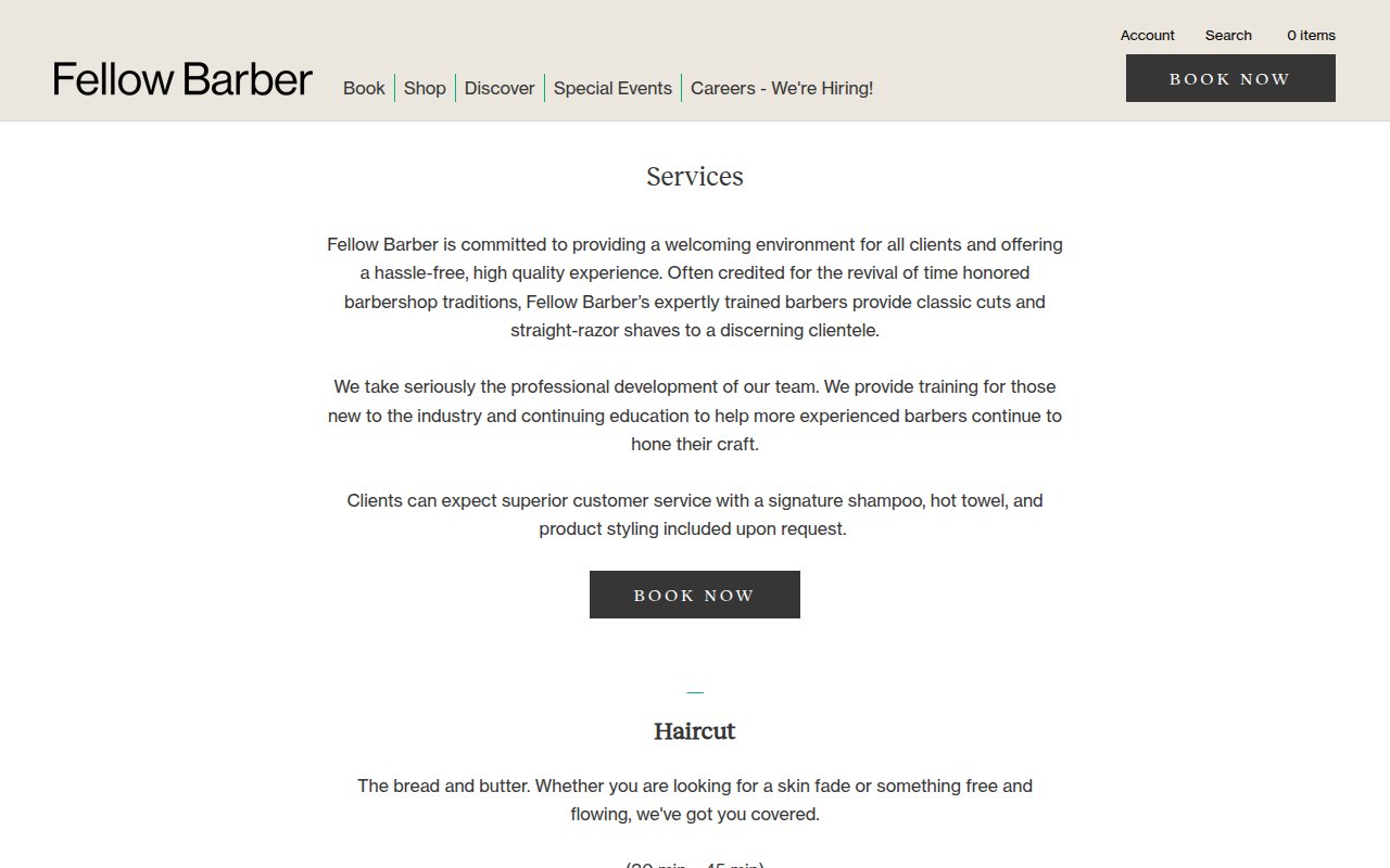 Fellow Barber services page with grooming options