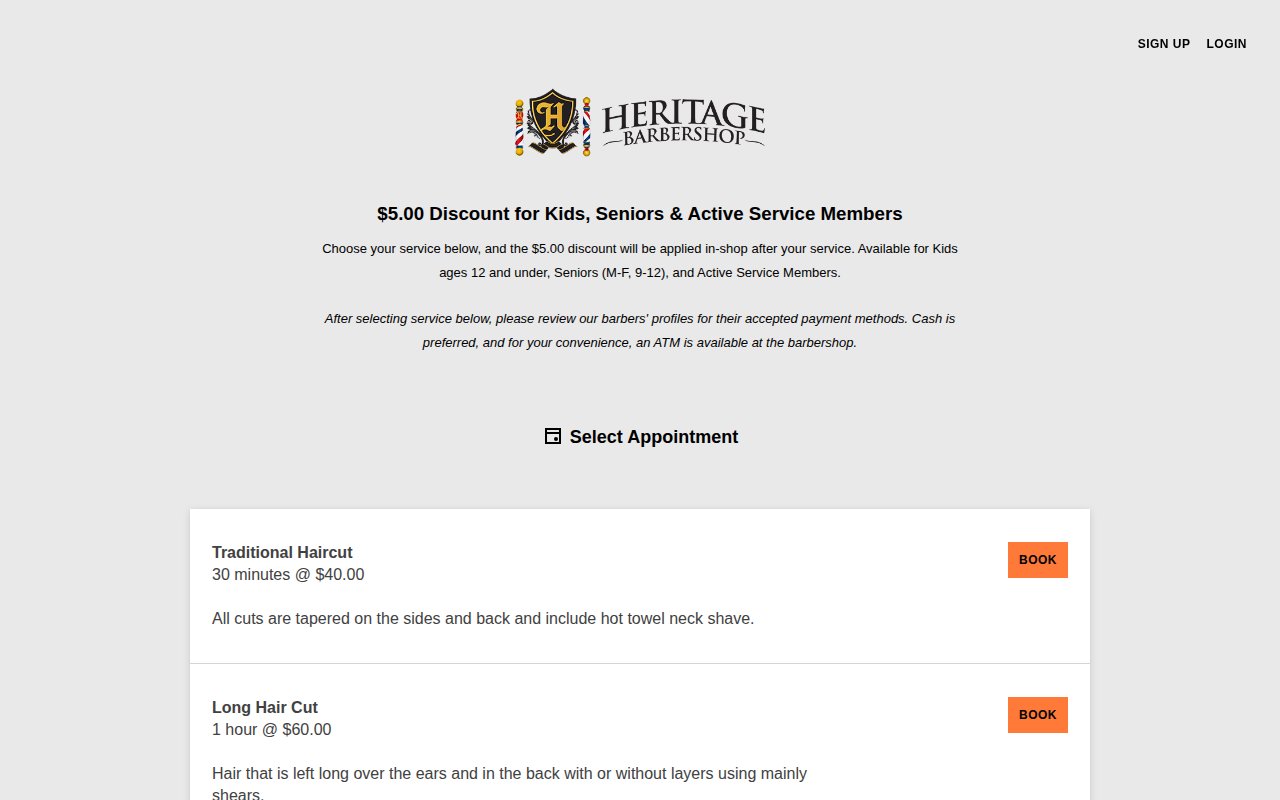 Heritage Barbershop Acuity Scheduling showing service selection with prices