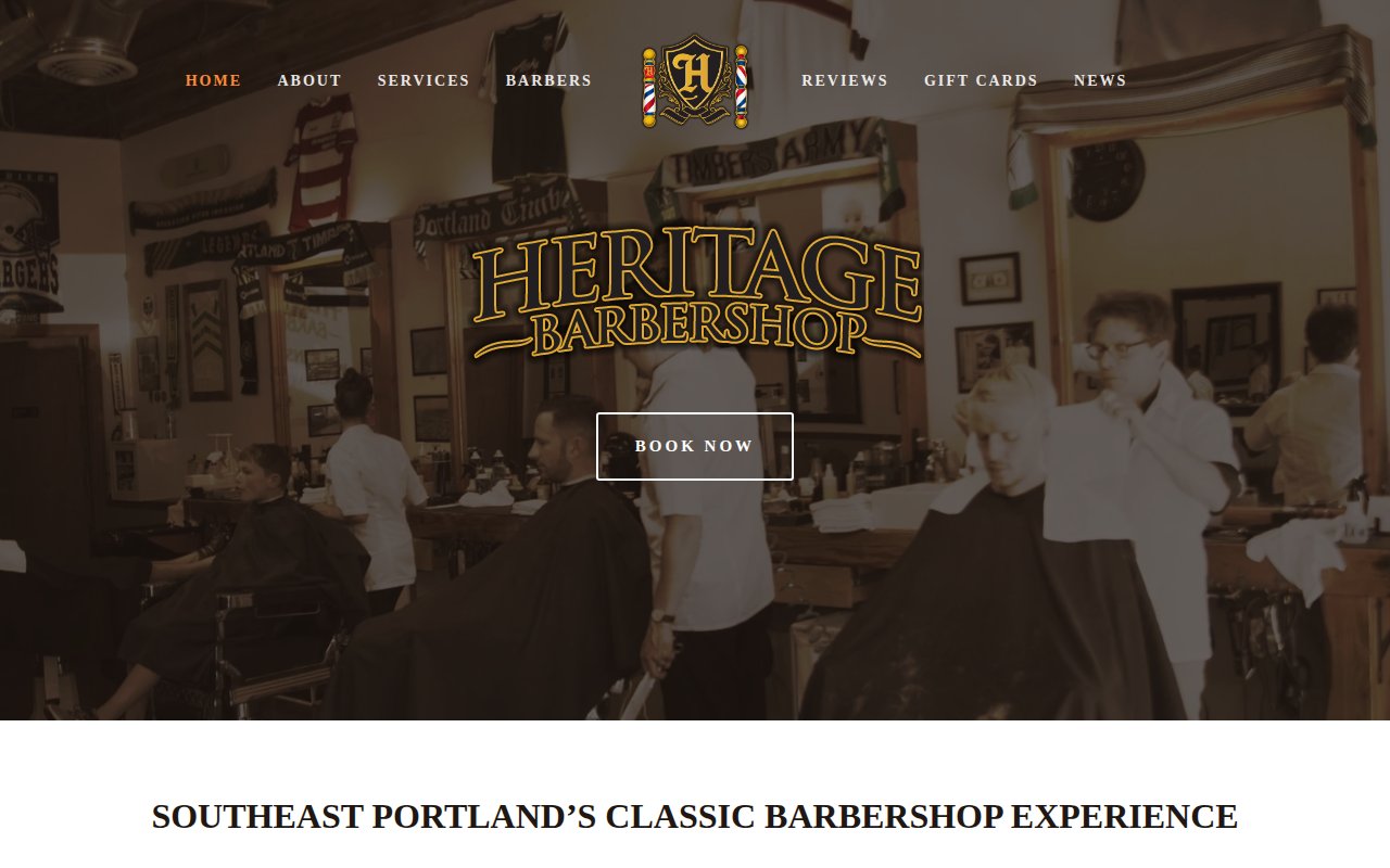 Heritage Barbershop homepage with classic barbershop design and Book Now CTA