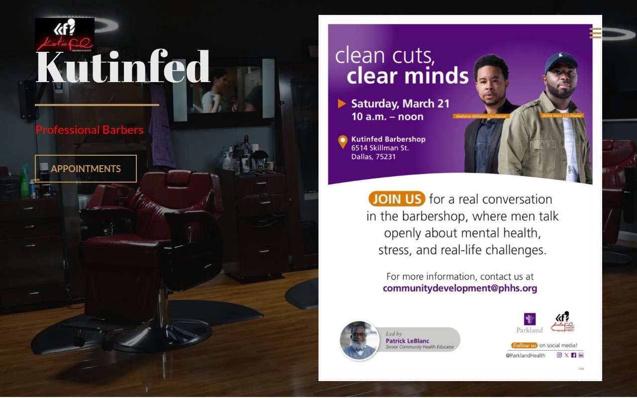 Kutinfed homepage with Best Barbershop 2021 award and appointment booking