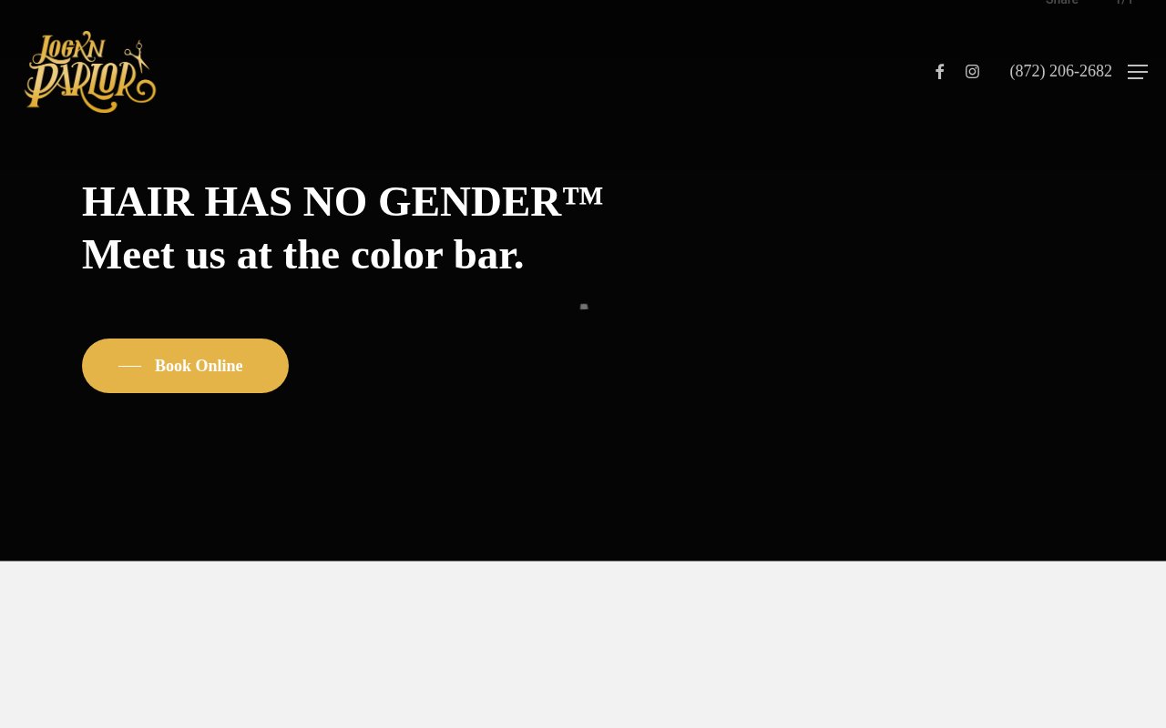 Logan Parlor homepage with 'Hair Has No Gender' hero and Book Online CTA