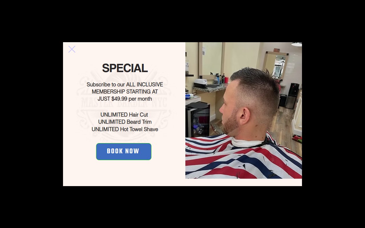 Master Class Barber NYC homepage with unlimited special and 600+ reviews badge