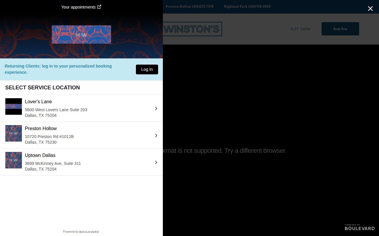 Mr. Winston's on-page booking section